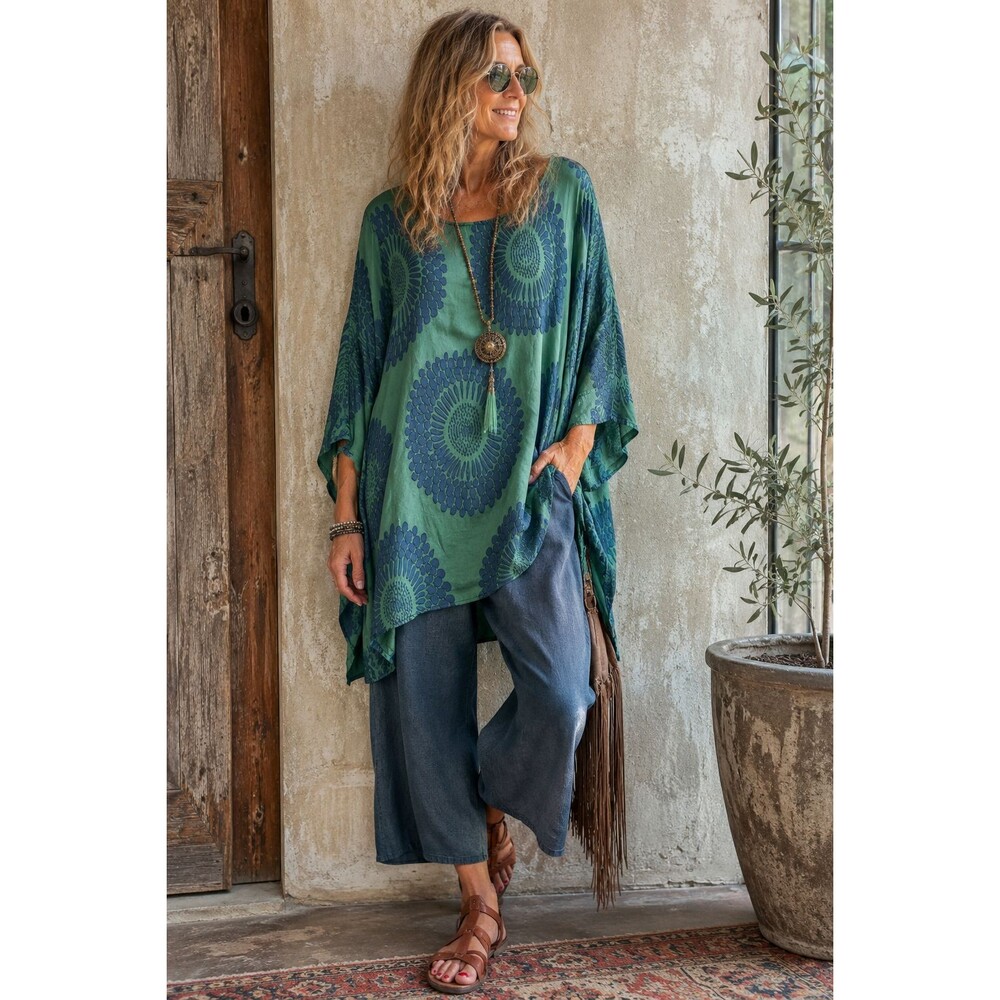 Grizas Tunic Top Size XL Silk Rayon Floral Burnout Artsy Lagenlook Green